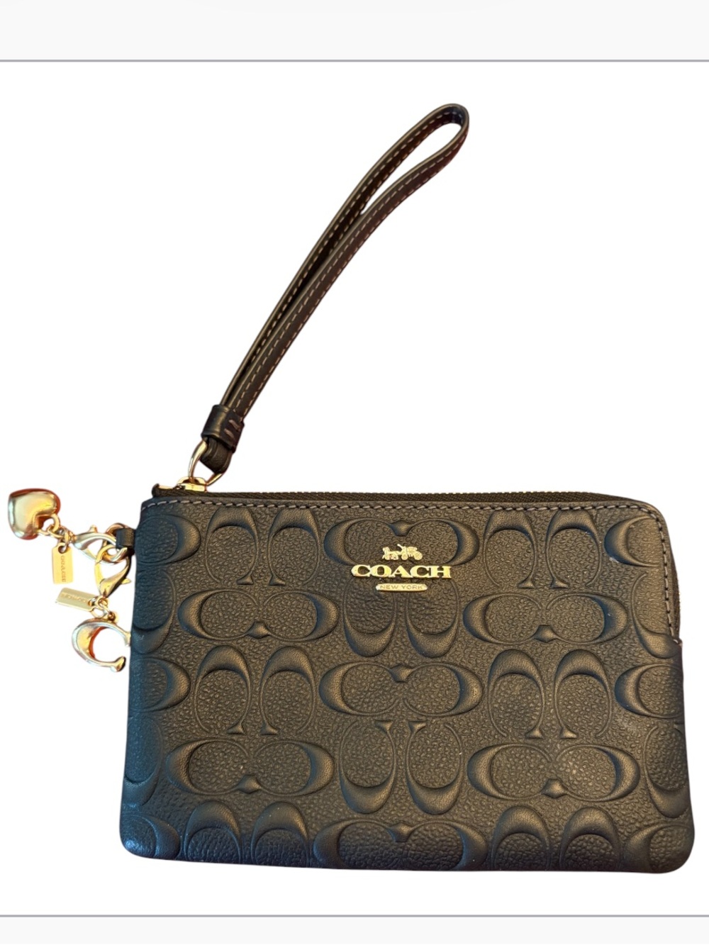 Coach Black Embossed Signature Leather Wristlet with Charms